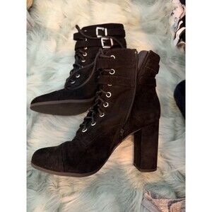 BCBGeneration Women Black Suede Mid Calf Lace Up Block Heel Boots Size 8.5